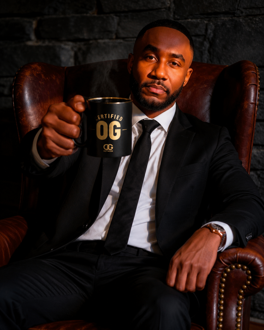 Stylish man in a tailored suit toasting a Certified OG mug